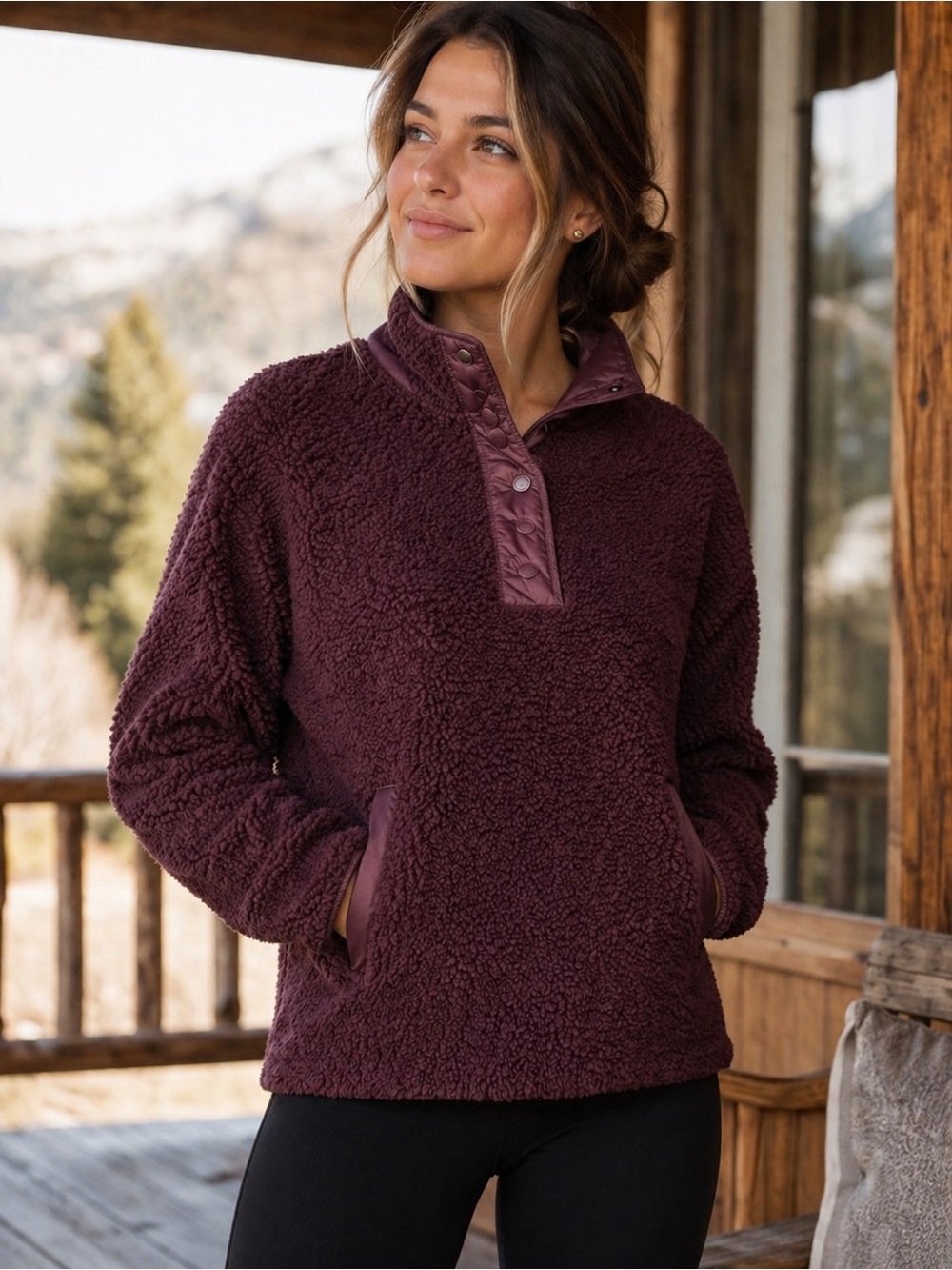 Athleta XS Burgundy Sherpa Fleece Pullover Snap Neck Cozy Jacket